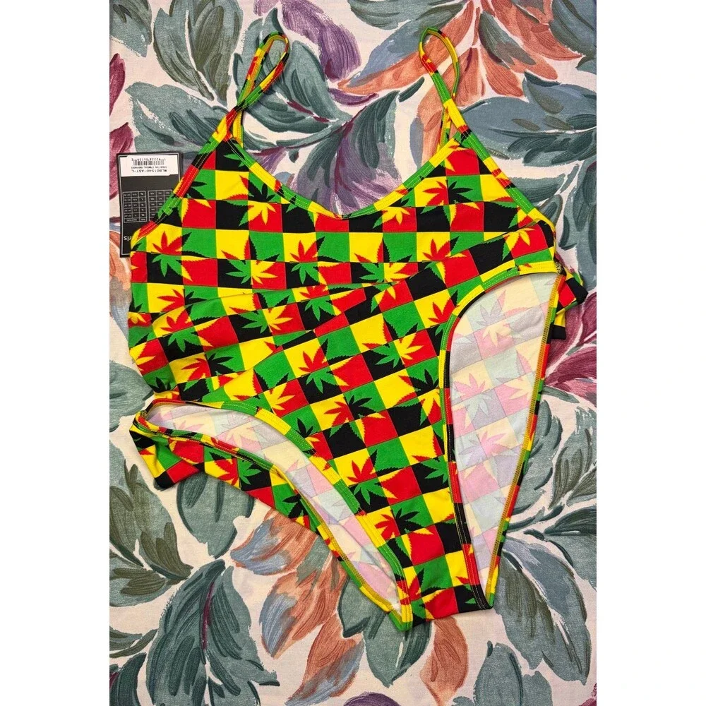 NWT Ethika Girls Vibrant Rasta Leaf Thong Bodysuit